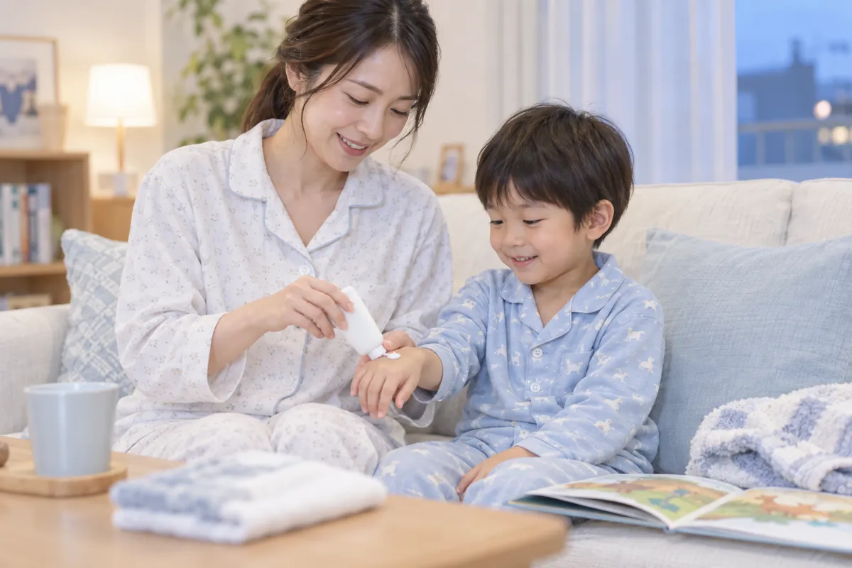 親子で保湿ケアをするイメージ